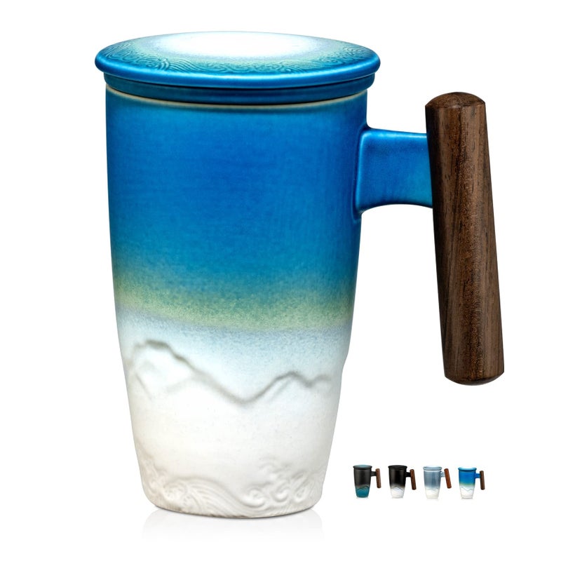 suyika Tomotime Ceramic Tea Cup with Infuser and Lid Tea Mugs Wooden Handle 400ml/13.5oz (Cyan blue) - Image 1